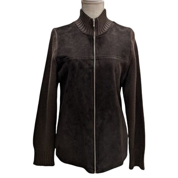 Sisley Italy Women's Brown Wool & Leather Suede Full Zip Jacket Size M - Picture 1 of 10